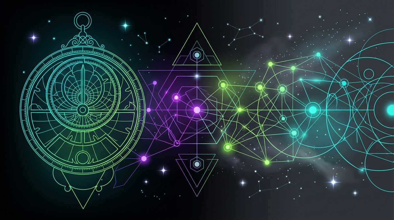 Ilustración abstracta de Hipatia uniendo geometría y redes digitales